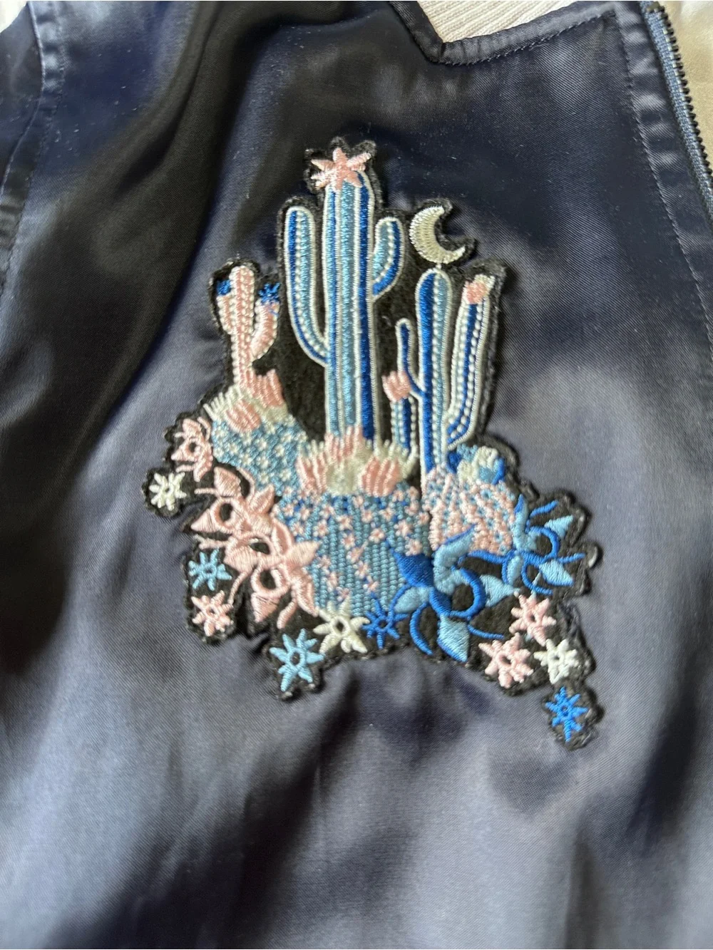 Juicy Couture Embroidered Cactus Satin Bomber Jacket Blue White Size M